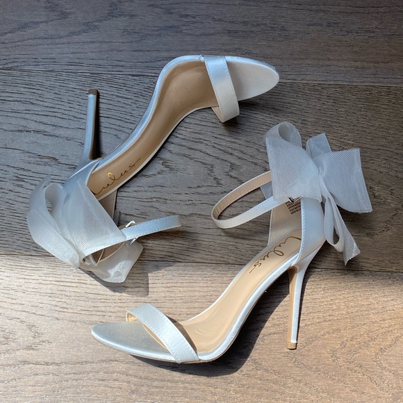 Shoes - NEVER WORN Lulus Ivory Satin Bow Ankle Strap High Heel Sandals